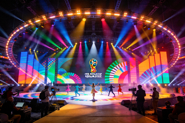 世界杯开幕式彩排现场，绚丽的灯光与舞台效果