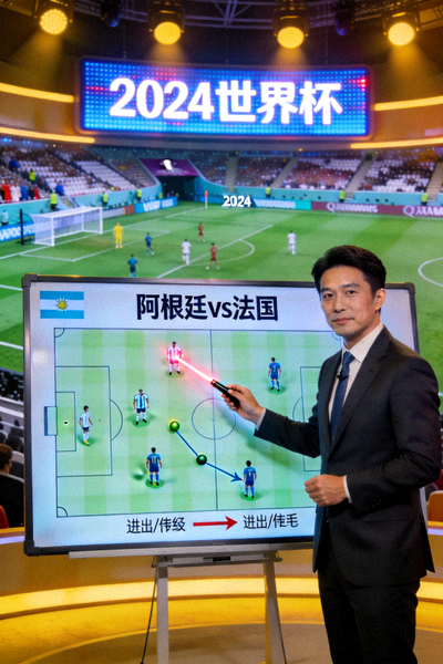 足球分析师正在大屏幕前讲解今日世界杯重点赛事战术板